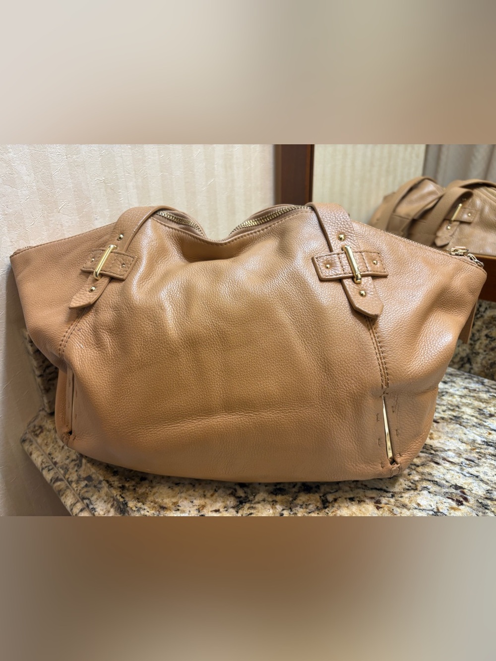 Vince Camuto Tan Leather Shoulder Tote Bag with Gold Hardware